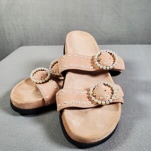 Rebecca Minkoff Veeoleeta Sandal Womens 7 Pink Pearl Buckle Suede Leather Slides
